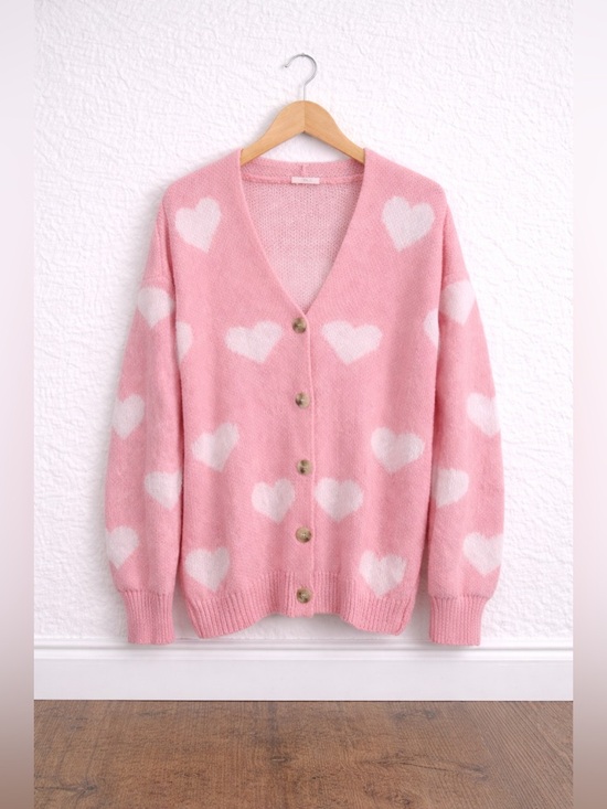 Source Unknown Sweaters - Pink Heart Print Cardigan Button Front Cozy Knit Sweater Size M Cute Soft